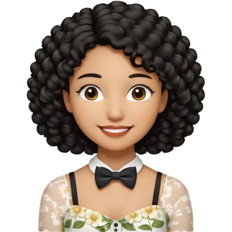 A young woman. She has voluminous, curly black hair that frames her face beautifully. Her skin tone is light Brown and glowing, and she has a subtle, natural makeup look. She’s smiling softly at the camera. She is wearing a white floral top with thin straps and a small bow tie detail in the front. emoji