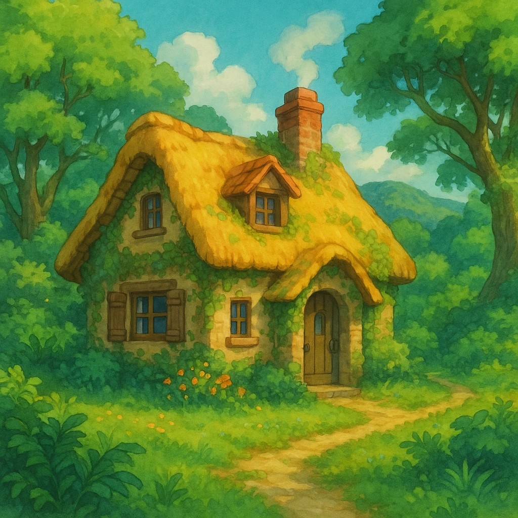 a cozy cottage in a magical landscape with lush greenery in Ghibli style emoji