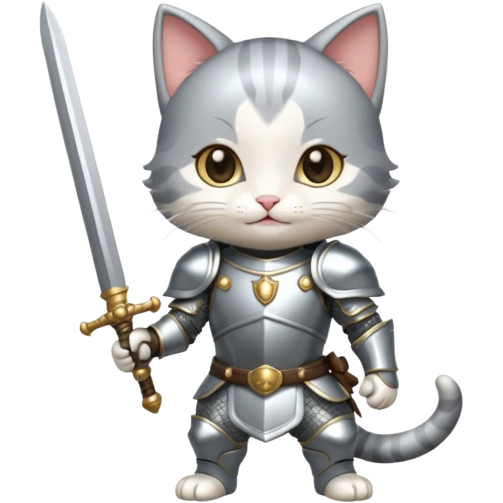 baby chibi cat in silver armor, full body, smile, hold sword emoji