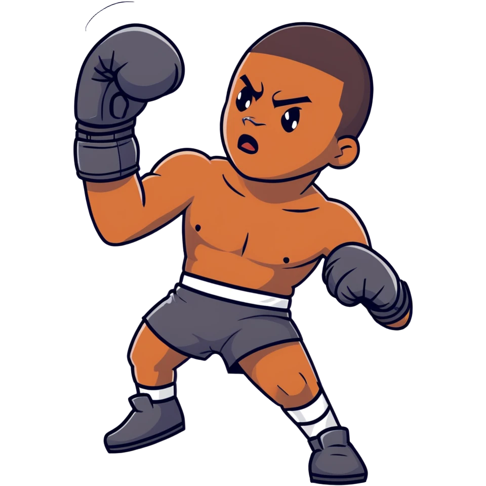 A determined 19-year-old Black male boxer throwing a punch, wearing boxing shorts and gloves emoji