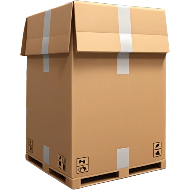 Ultra-realistic cardboard box inspired by the 📦 emoji in a warehouse environment, 4K, detailed corrugated texture, taped edges, industrial shelves in background, soft industrial lighting, realistic shadows, sharp focus, cinematic depth, professional photography. emoji