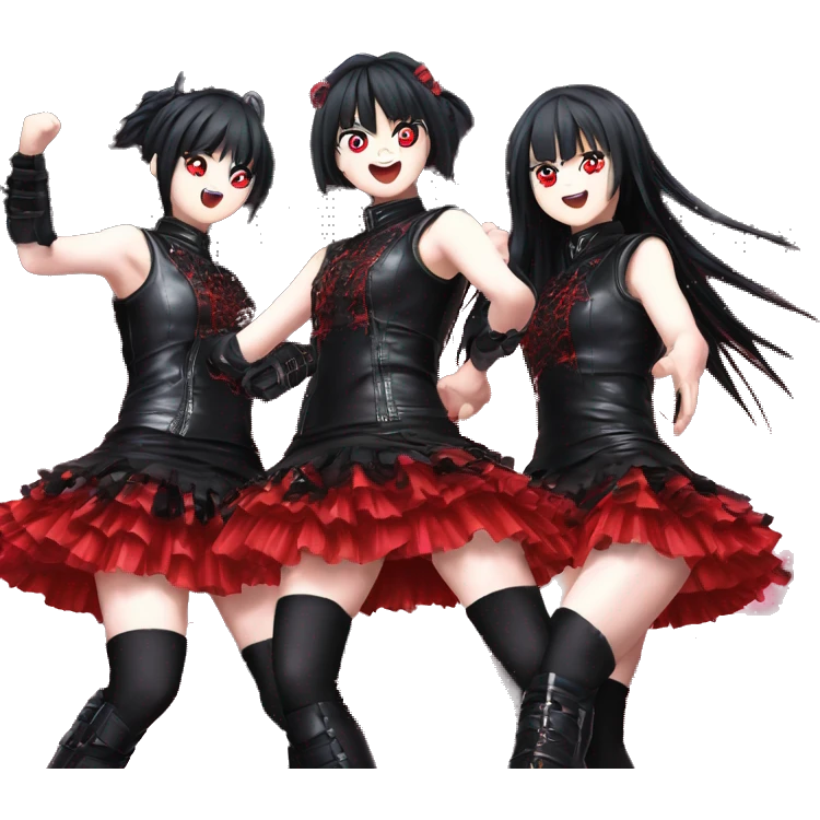 "Su-metal", "Moametal", and "Momometal" from the band Babymetal doing their dance move on stage wearing their black leather over red frilly dress emoji
