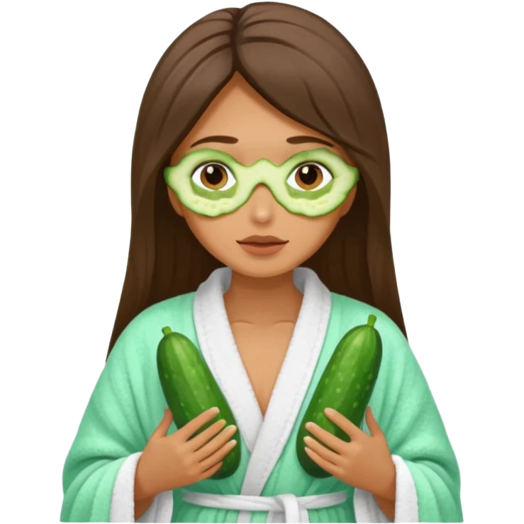 woman at the spa with cucumbers slices covering her eyes and tan skin tone with towel completely covering hair and robe on no hands showing emoji