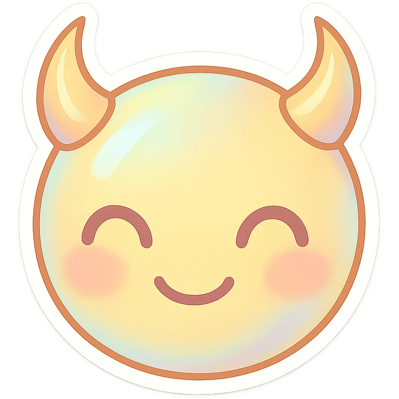 devil emoji, chibi style, holographic effect, iridescent pale yellow and peach, elegant horns, sweet smile emoji