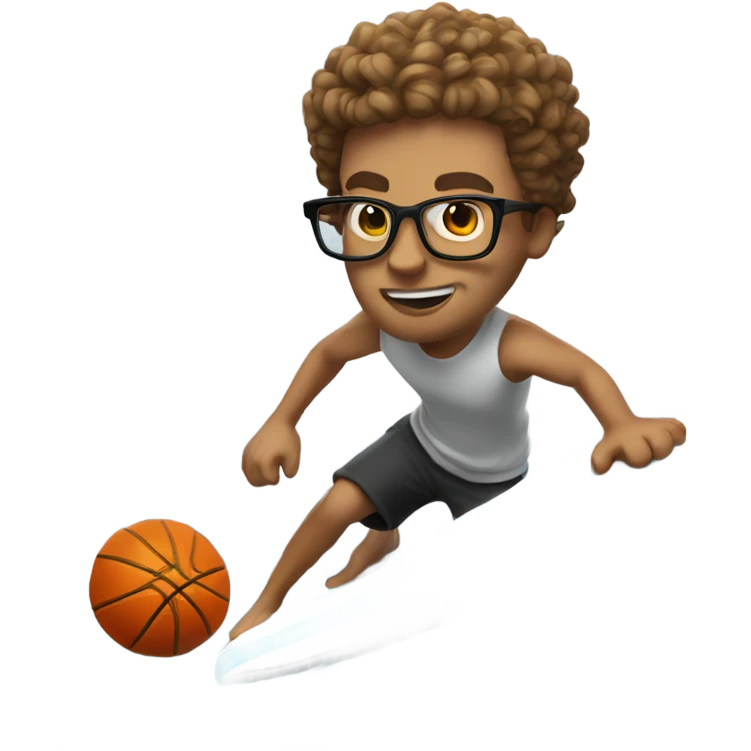 White guy with glasses and short curly hair surfing and spinning a basketball all while being half shark emoji