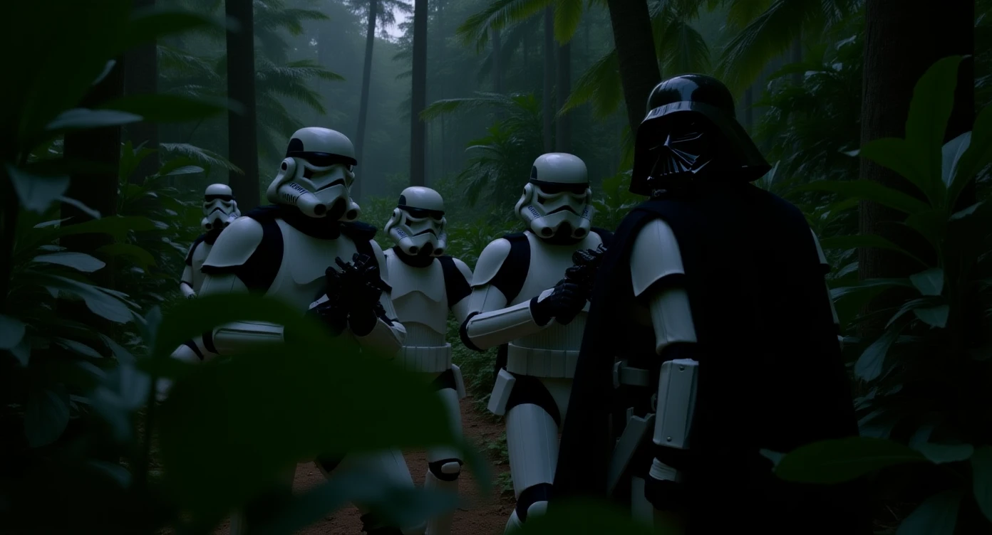 cinematic still, Closeup shot, amazon jungle,  blurred plants in the foreground (frame within a frame), Darth Vader around stormtroopers coming out from starship on ground, they are exploring the jungle emoji