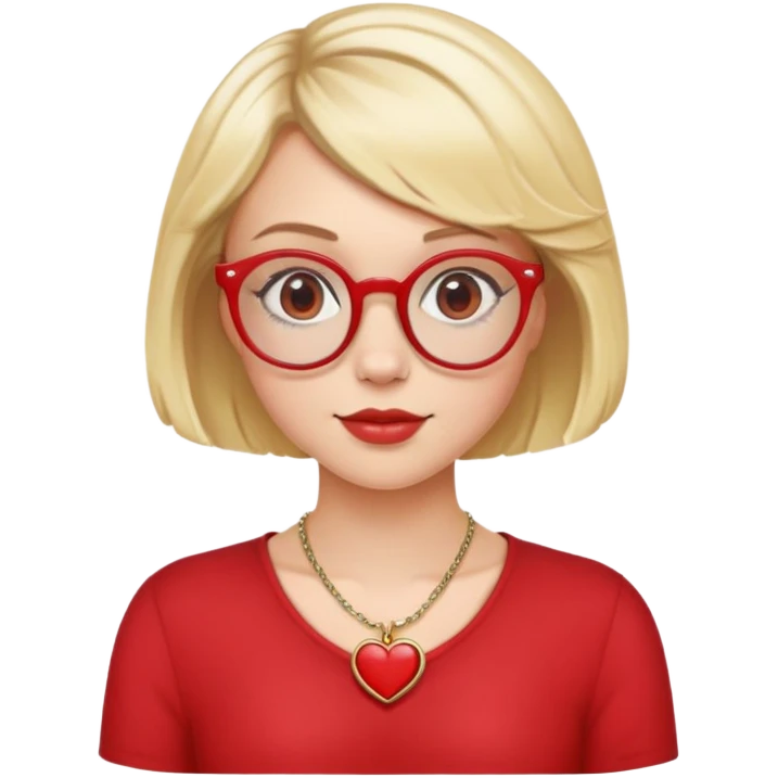 white girl head with short blonde bob hair slightly curled, red round glasses, heart necklace emoji