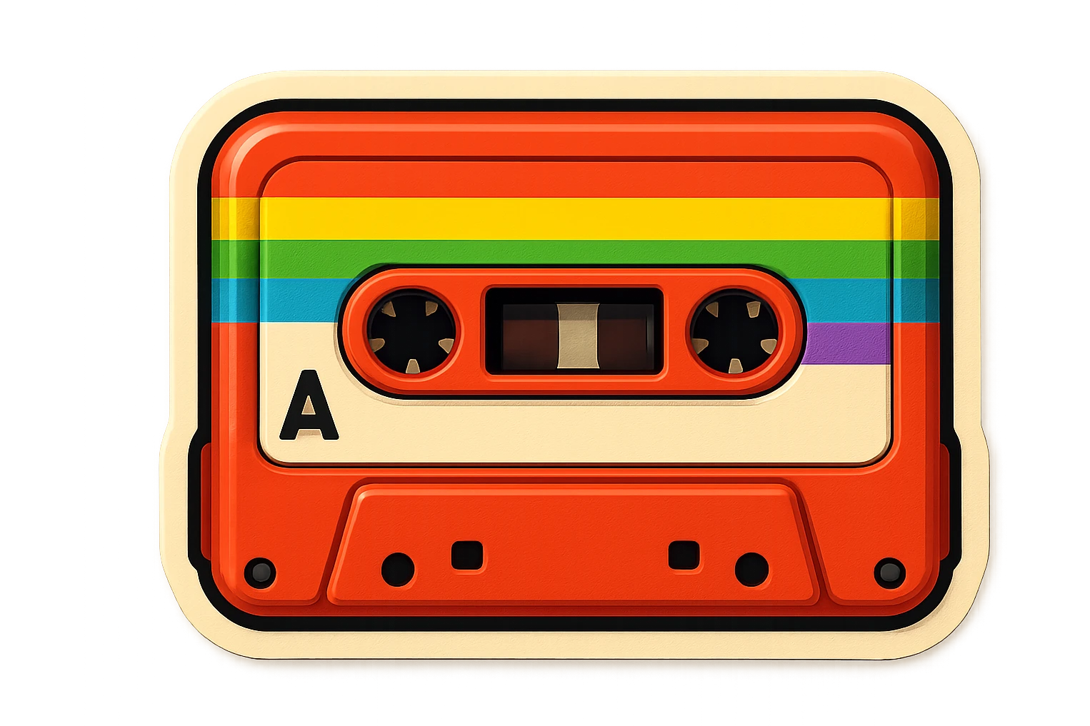 a cassette tape with a rainbow label, retro sticker style emoji