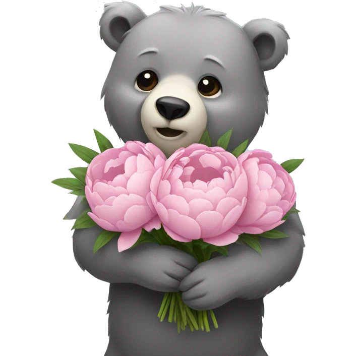 realistic-grey-bear-hugging-Bouquet-of-peonies emoji