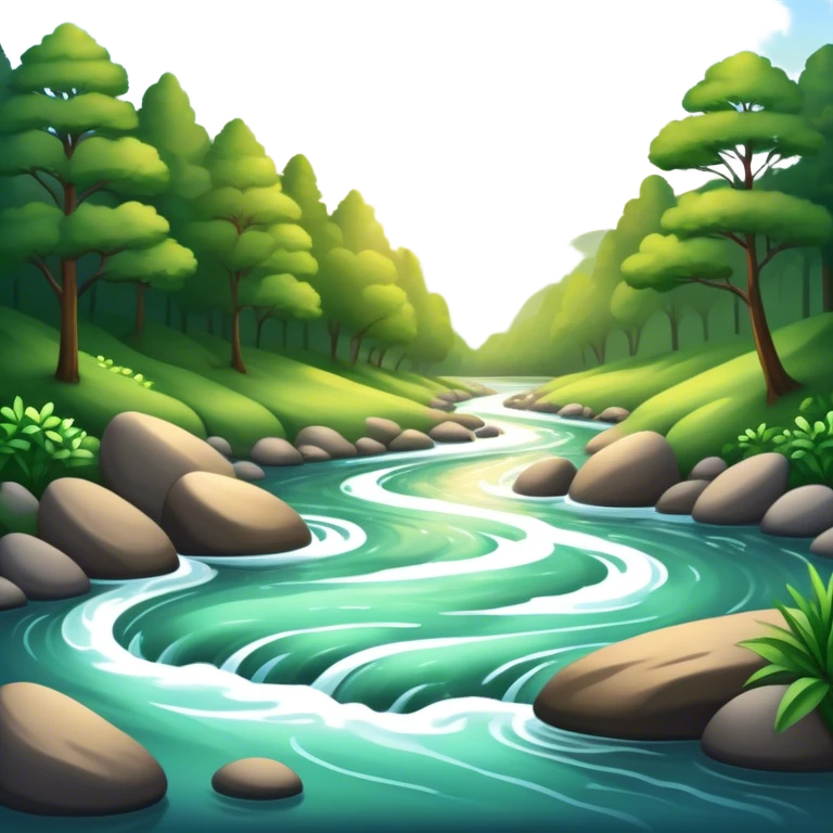 Cinematic Realistic River Emoji, Serene and flowing, with sparkling water meandering through lush greenery, surrounded by trees and rocks. The sun dances across the rippling surface, creating glimmering reflections while birds fly overhead. Soft glowing outline, capturing the essence of peacefulness and tranquility in a meandering river. emoji
