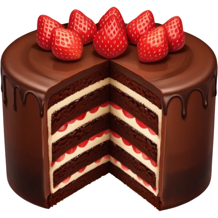 chocolate cake with visible cross-section topped with one fresh strawberry emoji