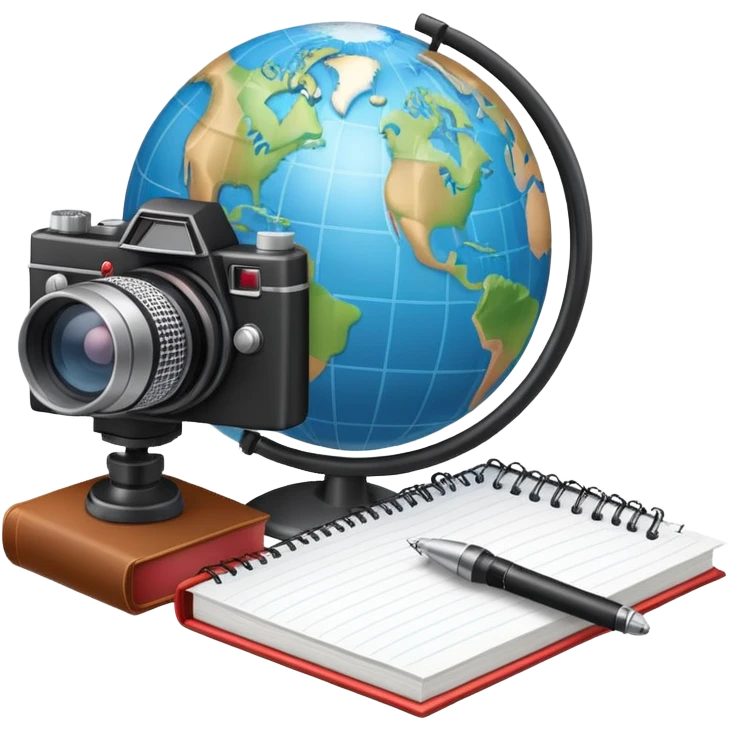 An icon showing a microphone, a notepad, and a camera, symbolizing journalism. The design includes a globe in the background, representing global news, and a breaking news banner for emphasis. Transparent background highlights the dynamic world of media and reporting. emoji