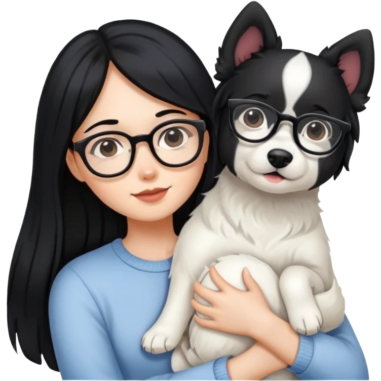 A girl with long black hair and glasses holding a white dog emoji