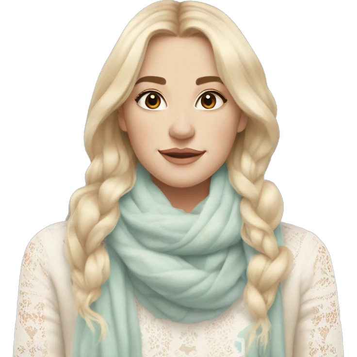 pretty blonde white woman with vanilla girl vibes, wearing a white lace shirt with a soft pastel borwn winter scarf and her hair is decorated with soft pastel sweet vibes ribbon emoji
