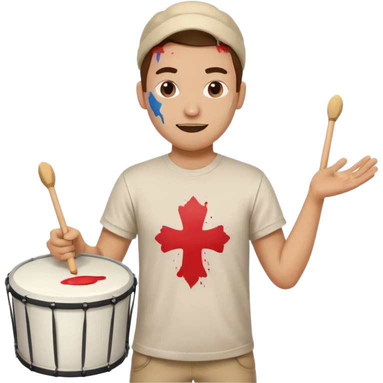 A loud fan, simple tee shirt with paint on his cheeks with a marching drum, beating it with enthusiasm emoji