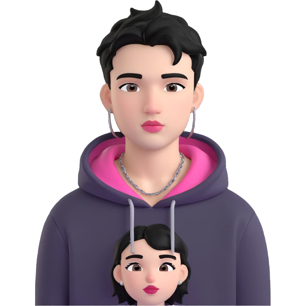 AI emoji character of a young man with short tousled black hair, fair skin, pink lips, nose piercing, eyebrow piercing, silver earrings, thin chain necklace, wearing hoodie and graphic t-shirt, neutral confident look, soft cartoonish yet realistic style emphasizing facial details and accessories emoji