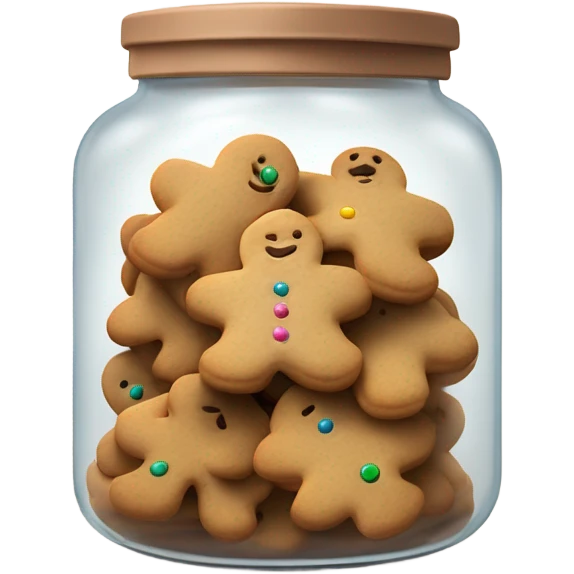 Realistic glass cookie jar with light brown lid full of gingerbread cookies isolated.  emoji