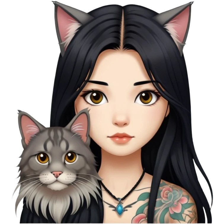 a Chinese girl with long black  straight hair and tattoos and Maine coon emoji