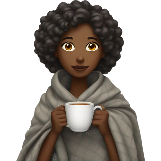 a black girl with curly hair wrapped in a blanket with a cup of tea emoji
