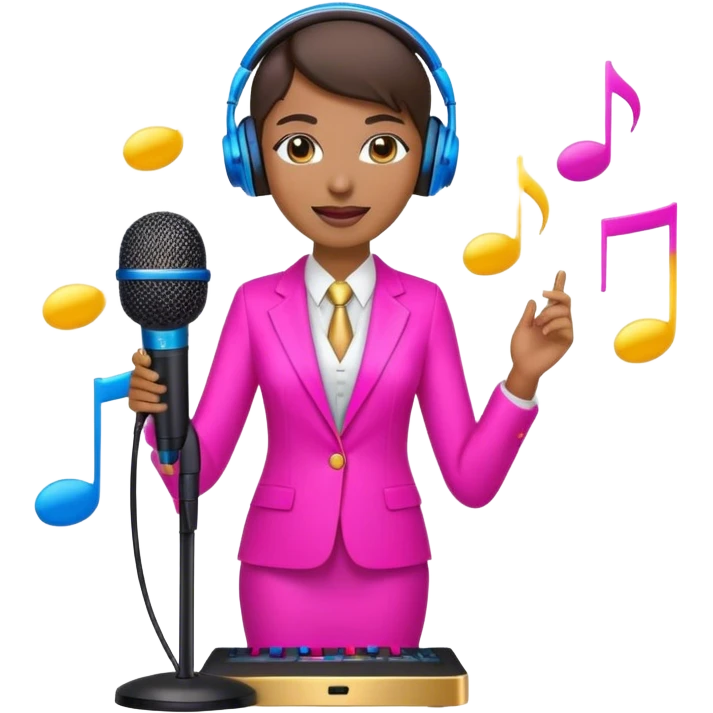 Create a vibrant and energetic emoji that represents pop or stage vocal performance. The design should feature a microphone on a stand, musical notes, and an illuminated stage or spotlight to symbolize the live performance aspect. Add an elegant stage costume, such as a suit or glamorous outfit, to emphasize the theatrical side of pop singing. Include elements like studio headphones, a music mixer, or a soundboard to reflect the modern, studio-based nature of pop vocal performance. Use bright colors like neon pink, electric blue, and gold to convey energy, creativity, and the glamour of the stage. The background should be transparent. emoji