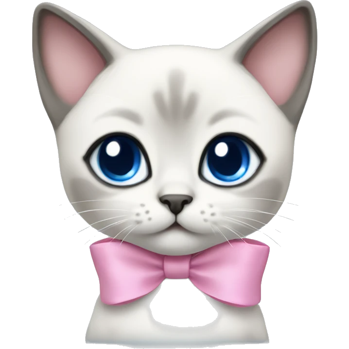 kawaii white and gray siamese kitten with blue eyes and pink bow on top of head emoji