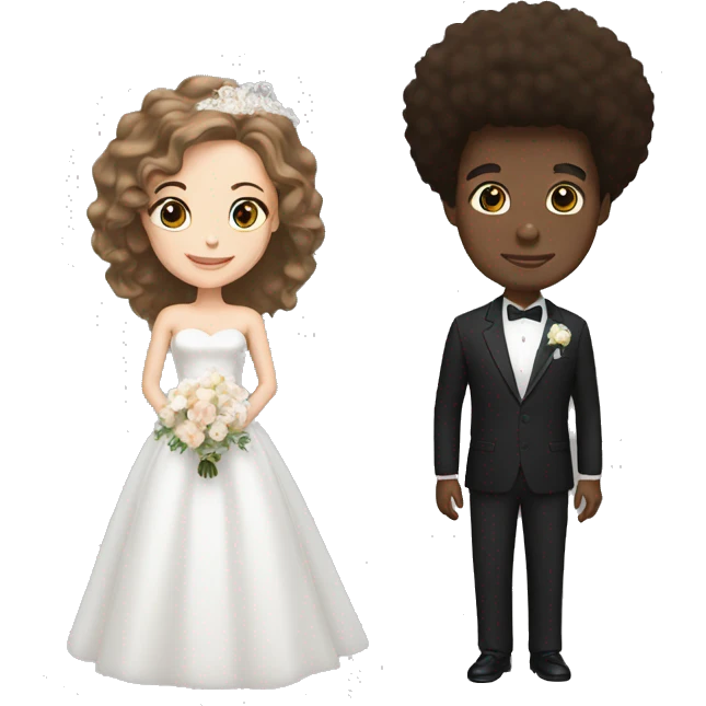 black man, afro hair, white woman, brown hair, wedding emoji