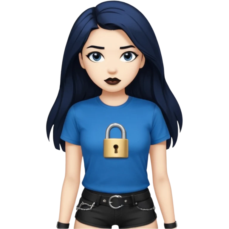 young woman with long hair dyed blue and black. wearing a black T-shirt with a text "Priv." and a lock icon next to it. wears tight black shorts with side strapping details that have buckles. makeup is striking, with dark lips and well-defined eyebrows. emoji
