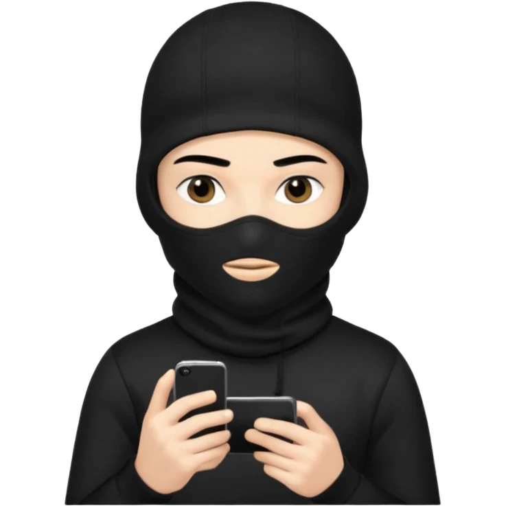 Junge mit Sturmhaube handy in der hand komplett schwarzes outfit und augenbraun gut emoji