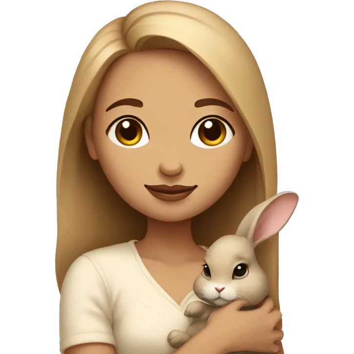 Good looking lady with closed eyes is holding a small brown/beige bunny, calm  emoji