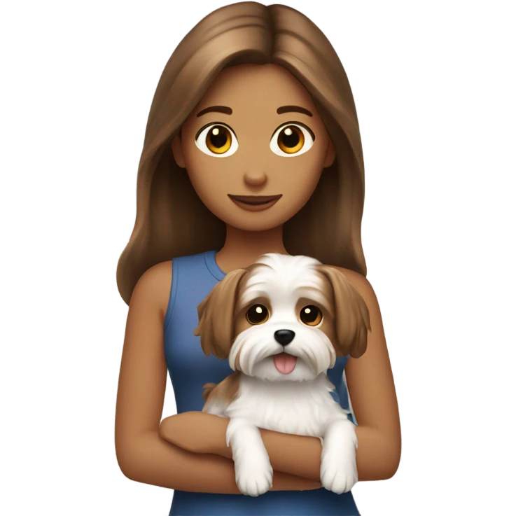 a girl with brown hair holding a white morkie dog emoji
