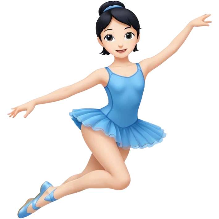 A lively black hair ballerina in a blue outfit, jumping mid-air with a bright smile. emoji
