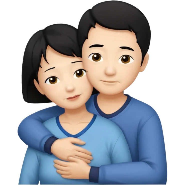 Sexy large breasted elderly asian woman in a low cut top and with black hair hugs her blonde haired son emoji