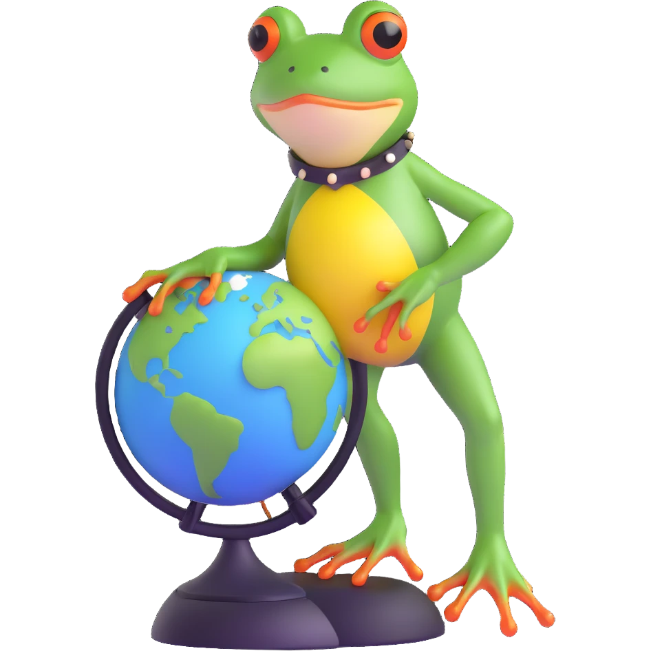 glamorous frog in a choker, standing on a globe emoji