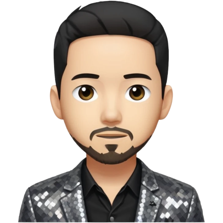 Mike Shinoda with sequin gray suit jacket with black shirt emoji