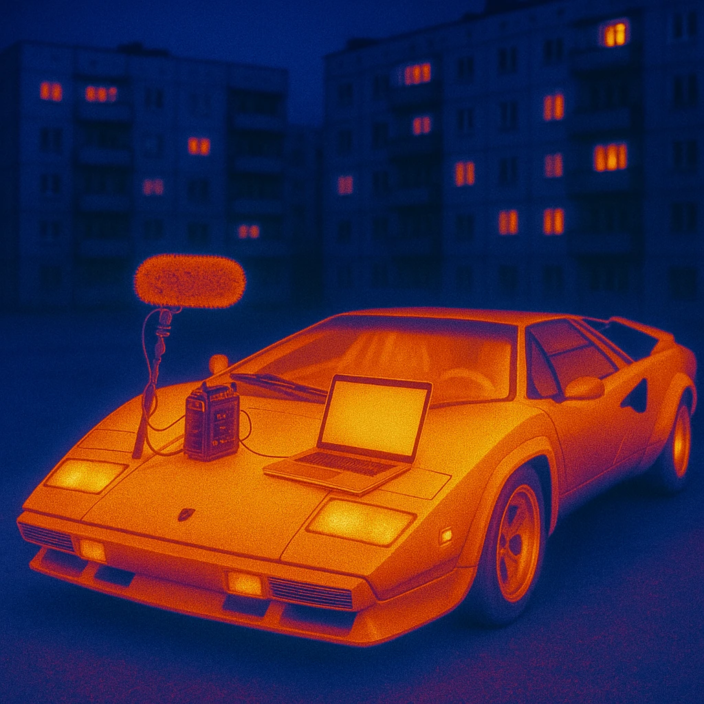 Lamborghini Countach with everything needed for sound recording and a laptop on the hood in an urban background of Russian panelki with some lit windows emoji