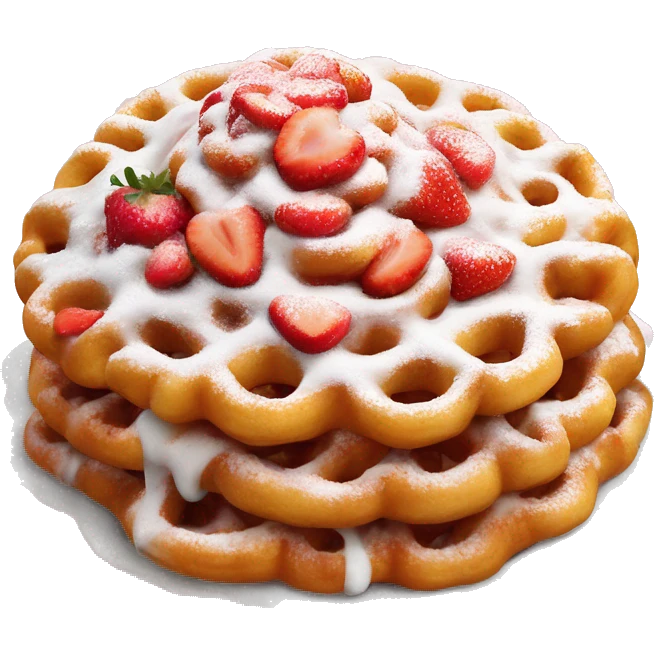Realistic isolated funnel cake with powdered sugar and a strawberry sprinkled on top. emoji