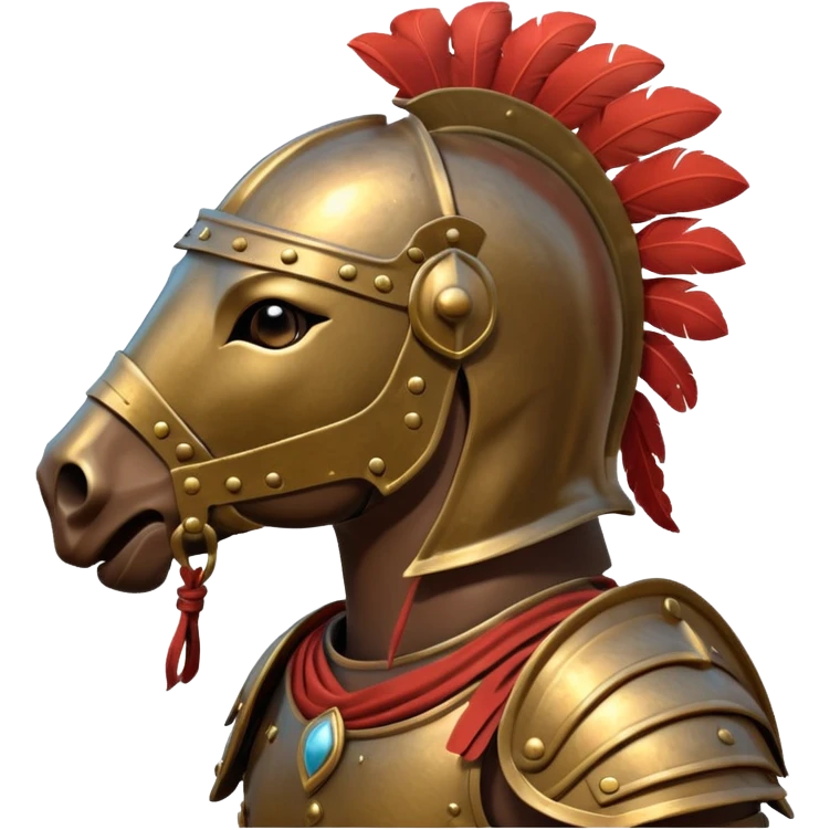 An emoji of a powerful Roman warhorse in full armor, with a feathered helmet. emoji
