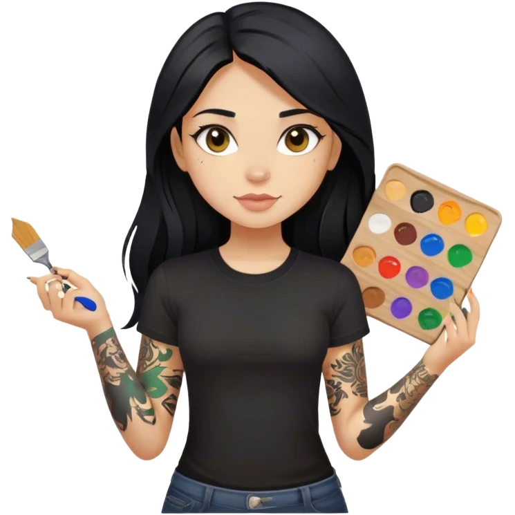 A girl with long black hair  light complexion and hazel eyes and black tattoos on right arm holding a paint palette  wearing black shirt emoji