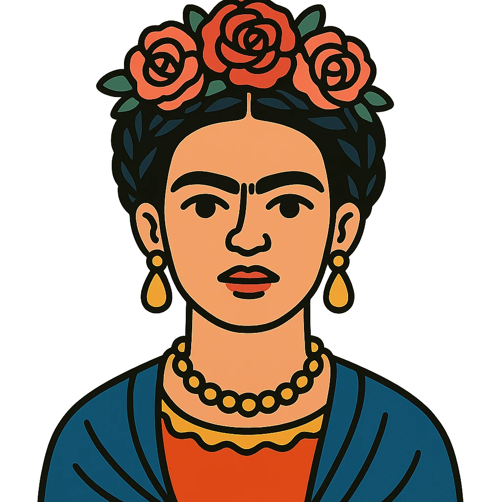 Flat toon style portrait of Frida Kahlo with bold lines and colorful details emoji