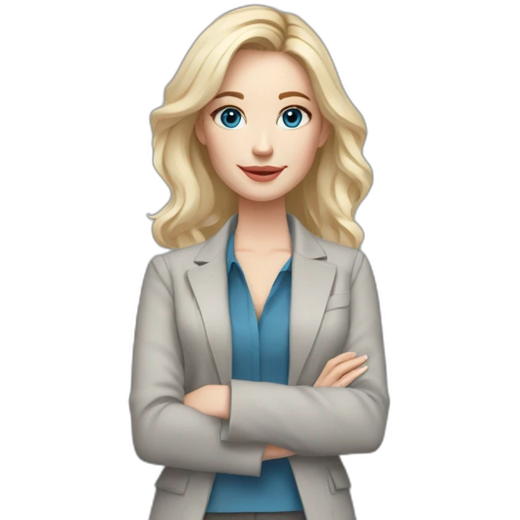 pale skin woman interior designer with cold blonde middle length hair, blue eyes, White blouse, Gray oversize jacket, Gray skirt holding a color palette in the hands emoji