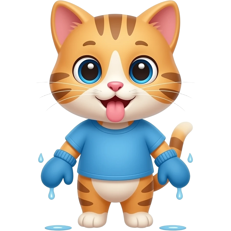Cartoon baby kitten wearing a blue shirt wearing blue mittens hung the mout to dry emoji