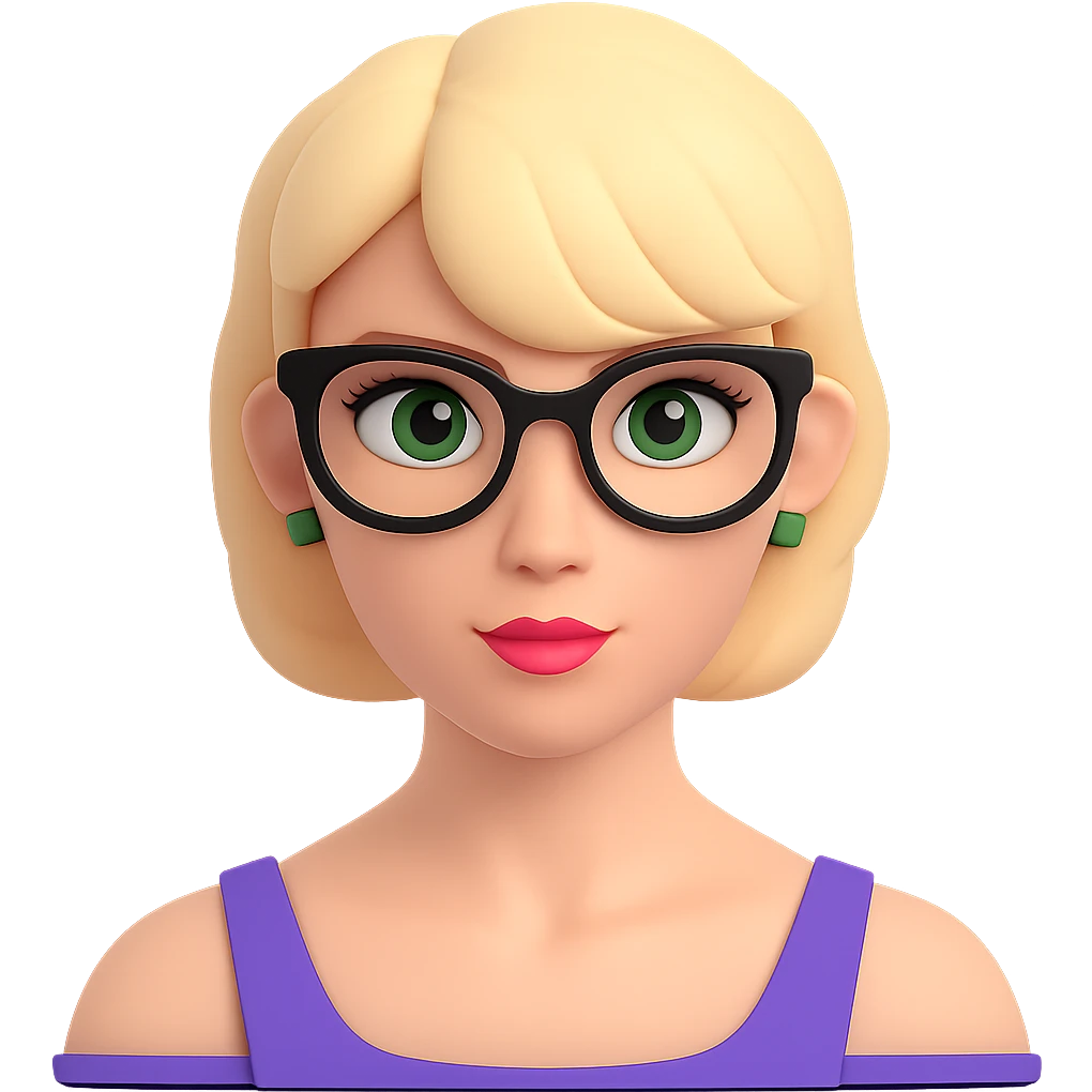 Add stylish glasses to the woman with thick blonde short hair and green eyes in a 3D emoji style. Keep the 3D emoji look consistent and remove the background. emoji