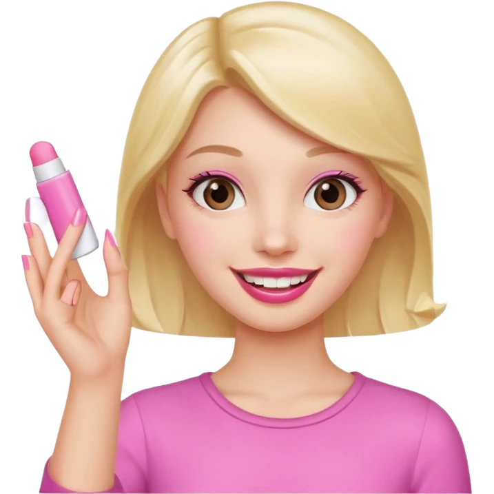 girl waving with pink nails, holding pink lip balm emoji