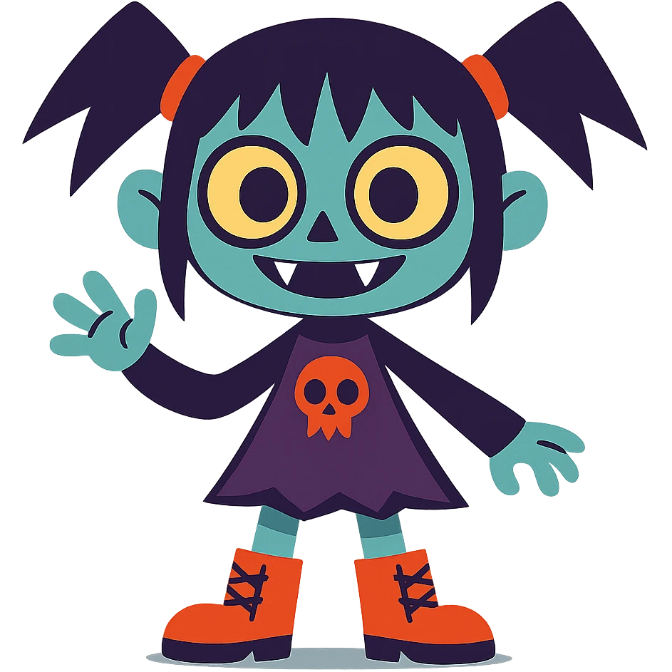 scary cute girl character, big eyes, playful but spooky, cartoon style emoji