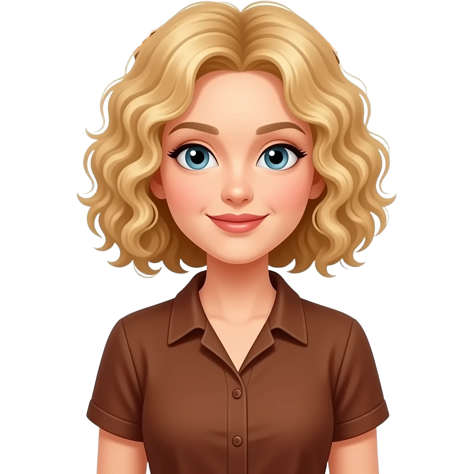 blonde tight curly hair in a short bob Happy Thanksgiving banner and acorns and brown and red leaves around in a short sleeve brown blouse emoji