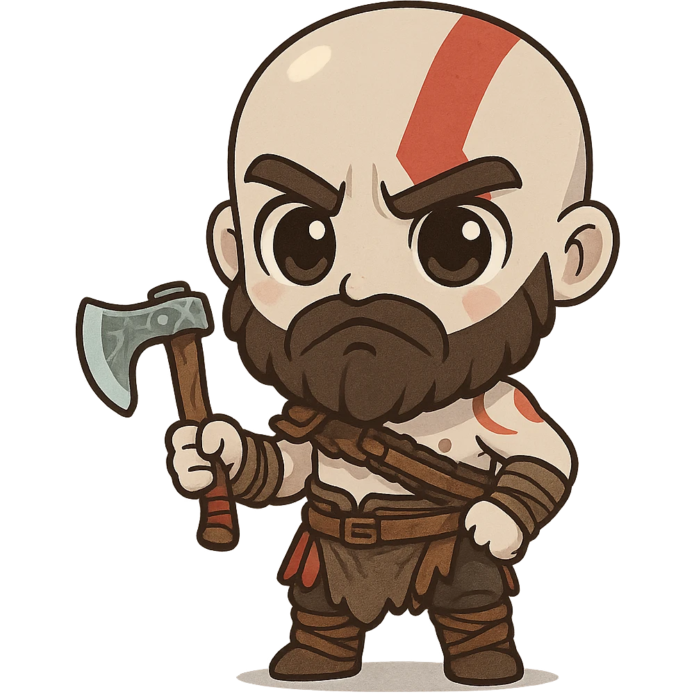 chibi-style Kratos with a tiny axe and big eyes emoji