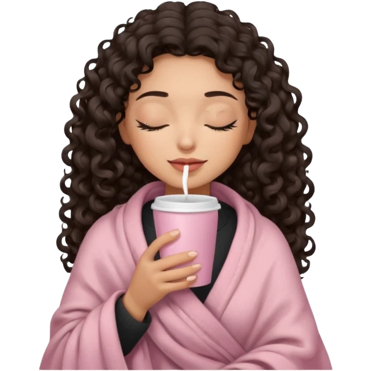 hispanic woman, light brown skin, black long 3b curls, closed eyes, feminine face, holding soft pink coffee cup with beige blanket over shoulders emoji
