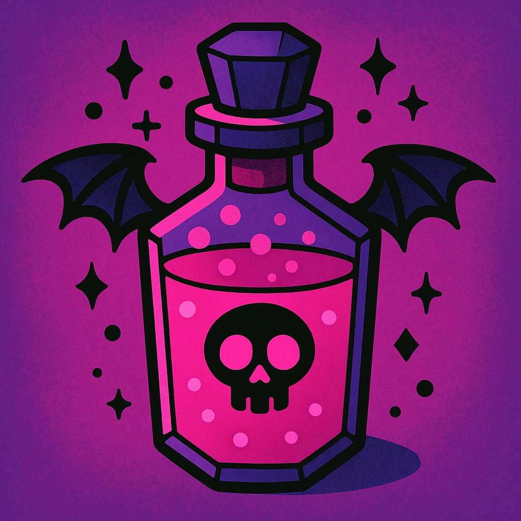 pink goth potion bottle, vibrant toon style, bold and gothic emoji