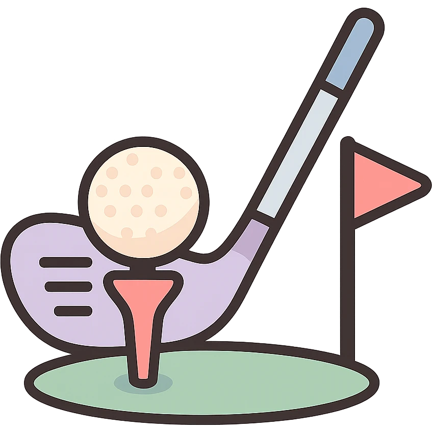 golf ball on a tee with golf club positioned as if about to hit and flag visible, icon-color-outlined style, detailed shading, thin clean outlines, soft rounded features, pastel palette #98B5BC #B5B3C1 #C9A3C9 #E4C0CA #F7DCD1 #F7C0AA, Japanese pop art, sticker look, highly detailed, vector clarity, soft lighting, subtle shadows, transparent background emoji