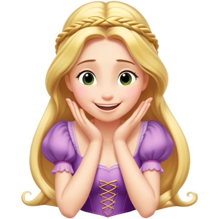 Cinematic Playful Rapunzel Portrait Emoji, Giggling as Pascal sits atop her head, hands cupped over her mouth in a moment of pure joy, her radiance shining through, utterly enchanting! emoji